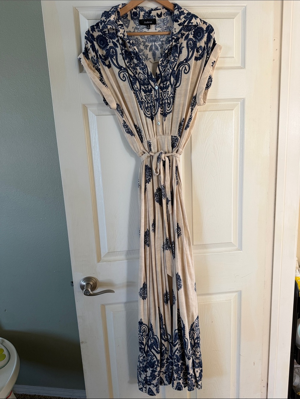 Aakaa Cream Maxi Dress with Navy Blue Floral Print and Tie Waist